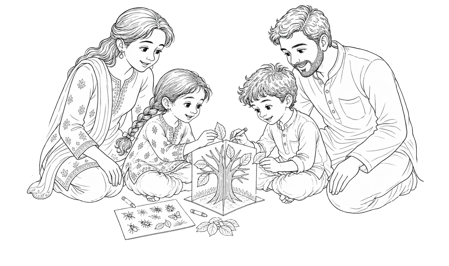 घर के बड़े बच्चों के साथ बैठकर कलाकसरत करते हुए