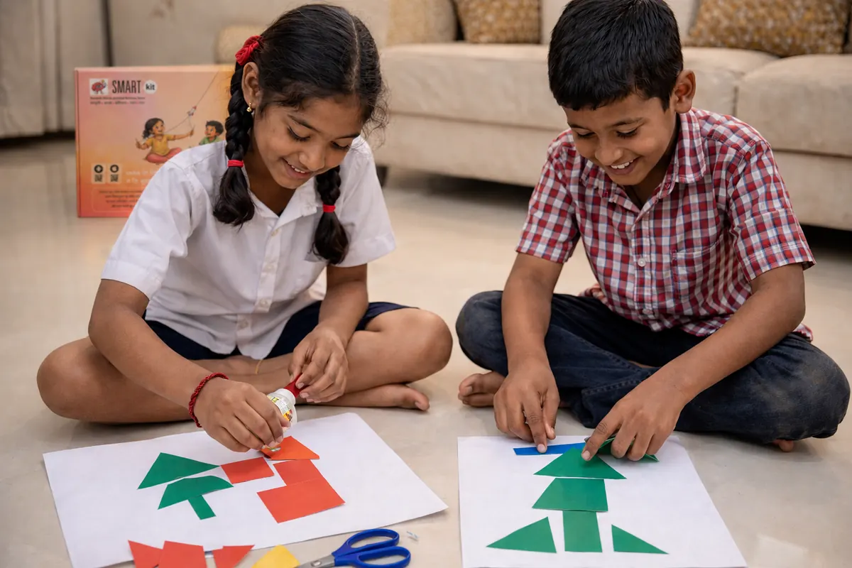बच्चे कागज़ के आकारों से आकृति बनाते हुए